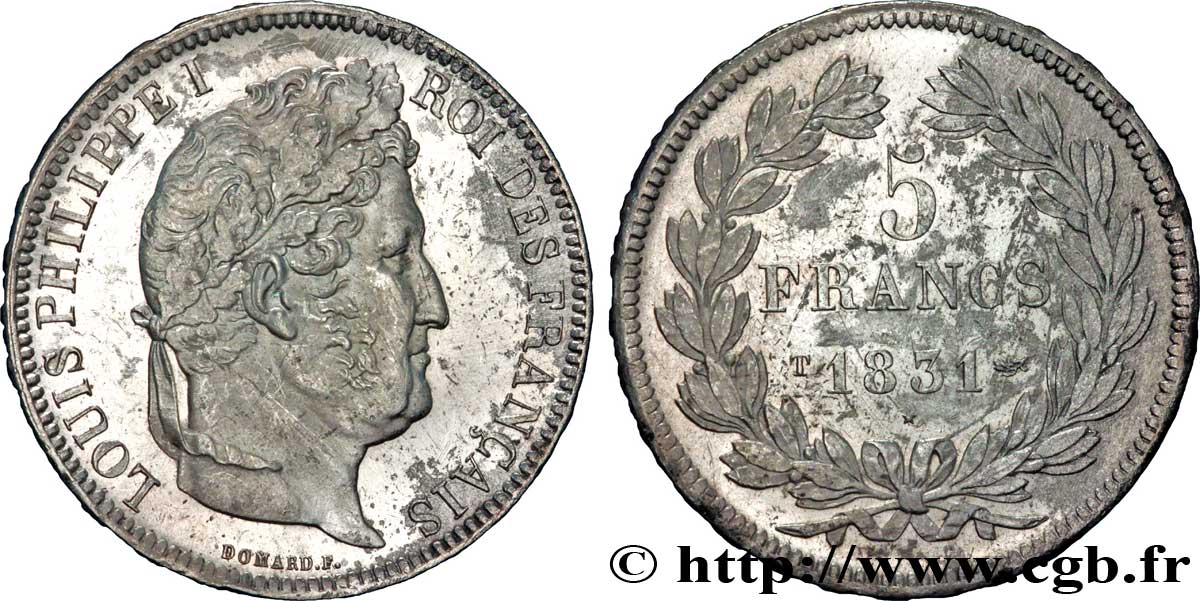 5 francs Ier type Domard, tranche en relief 1831 Nantes F.320/12 SS52 