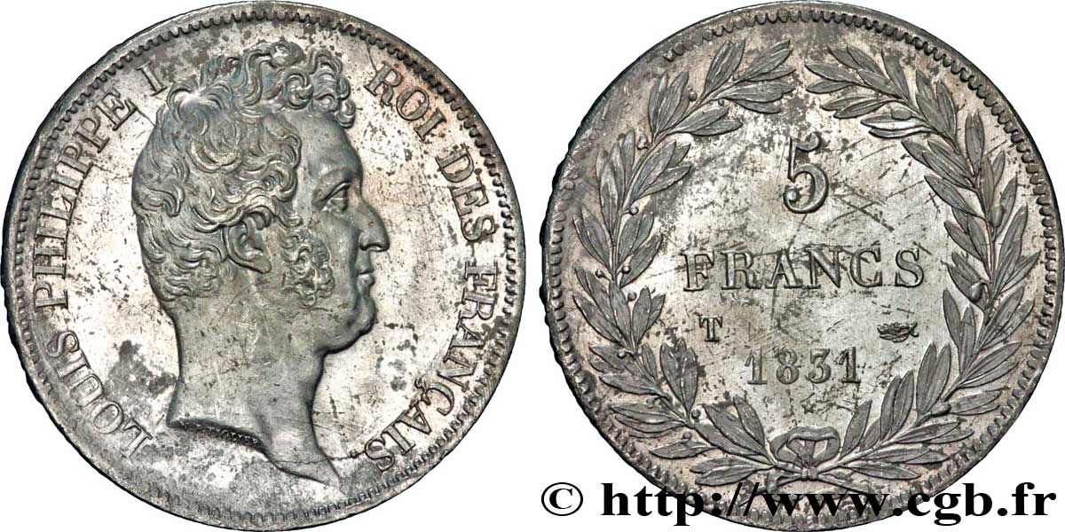 5 francs type Tiolier avec le I, tranche en creux 1831 Nantes F.315/26 AU52 