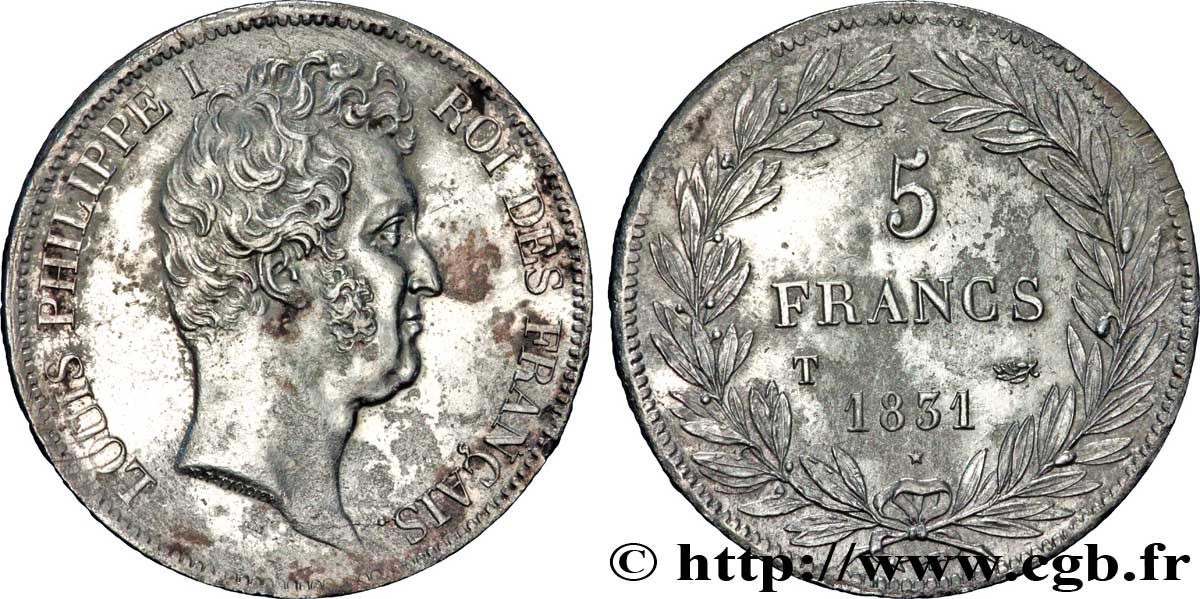 5 francs type Tiolier avec le I, tranche en creux 1831 Nantes F.315/26 SUP 