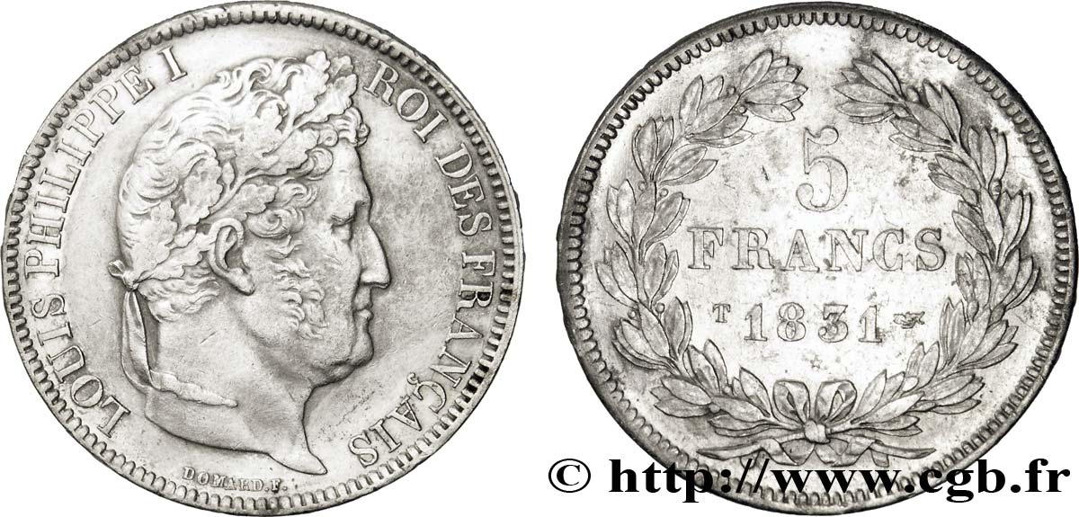 5 francs Ier type Domard, tranche en relief 1831 Nantes F.320/12 XF48 