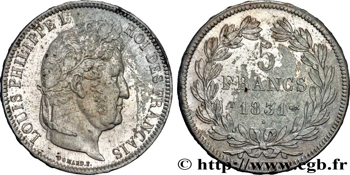5 francs Ier type Domard, tranche en relief 1831 Nantes F.320/12 MBC48 