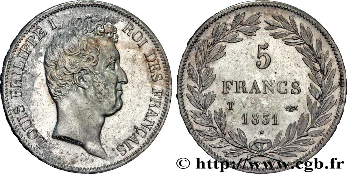5 francs type Tiolier avec le I, tranche en creux 1831 Nantes F.315/26 AU52 