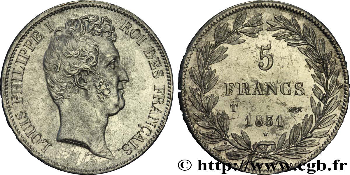 5 francs type Tiolier avec le I, tranche en creux 1831 Nantes F.315/26 TTB48 