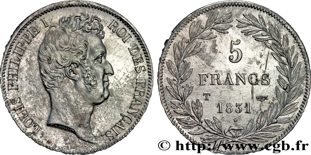 5 francs type Tiolier avec le I, tranche en creux 1831 Nantes F.315/26 BB50 