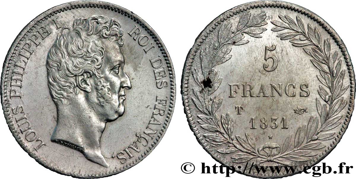 5 francs type Tiolier avec le I, tranche en creux 1831 Nantes F.315/26 TTB48 