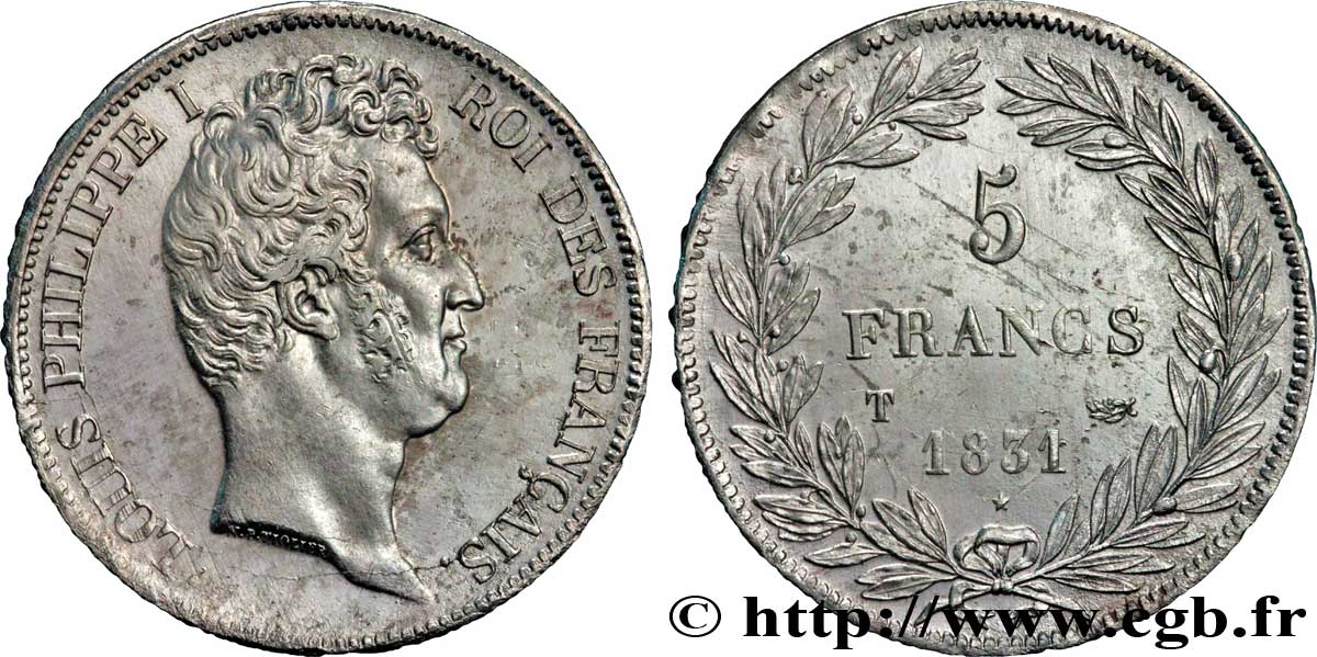 5 francs type Tiolier avec le I, tranche en creux 1831 Nantes F.315/26 XF48 