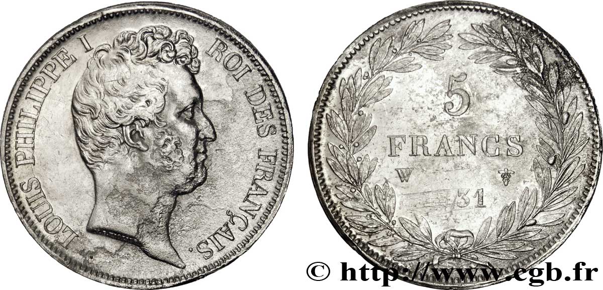 5 francs type Tiolier avec le I, tranche en creux 1831 Lille F.315/27 XF48 