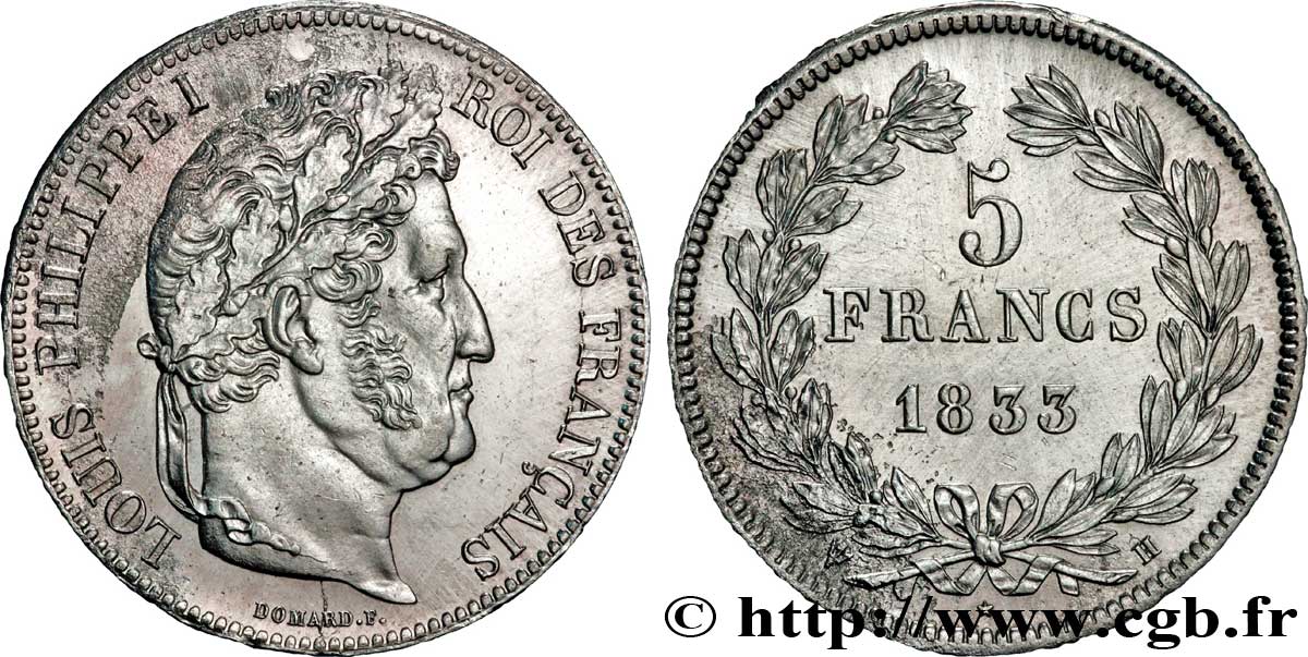 5 francs IIe type Domard 1833 La Rochelle F.324/18 fVZ 
