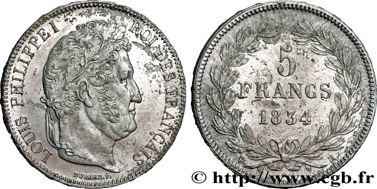 5 francs IIe type Domard 1834 La Rochelle F.324/33 TTB52 
