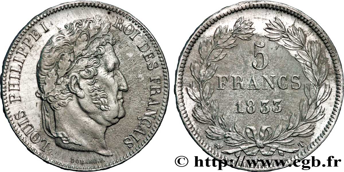 5 francs IIe type Domard 1833 Nantes F.324/26 AU50 