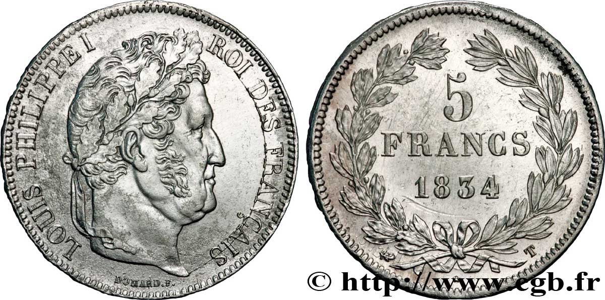 5 francs IIe type Domard 1834 Nantes F.324/40 XF 