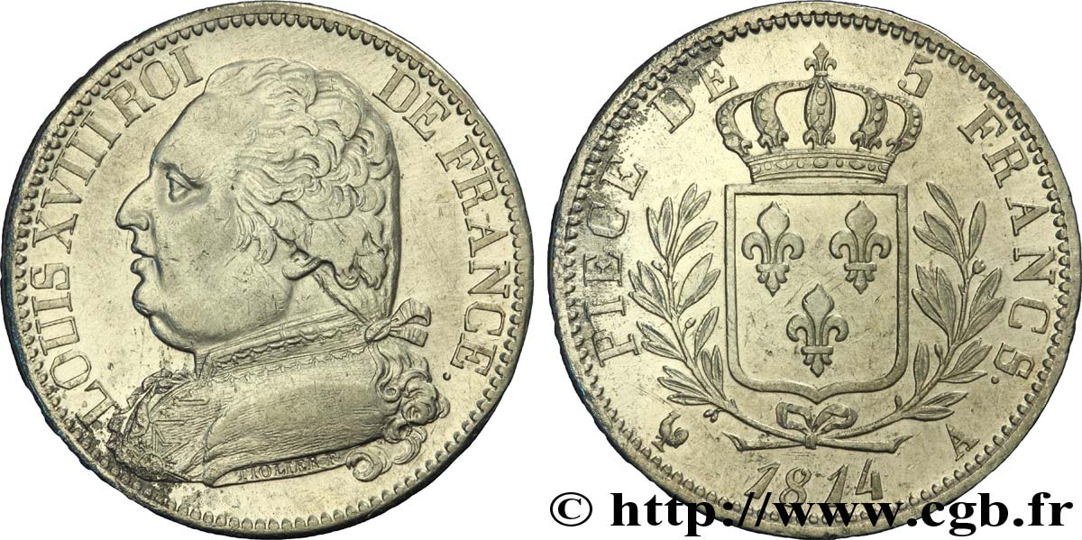 5 francs Louis XVIII, buste habillé 1814 Paris F.308/1 TTB52 