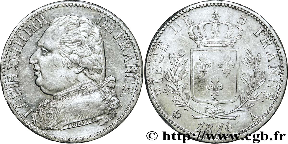 5 francs Louis XVIII, buste habillé 1814 Paris F.308/1 SUP58 