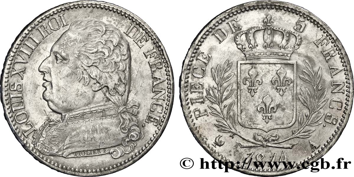 5 francs Louis XVIII, buste habillé 1814 Paris F.308/1 AU58 