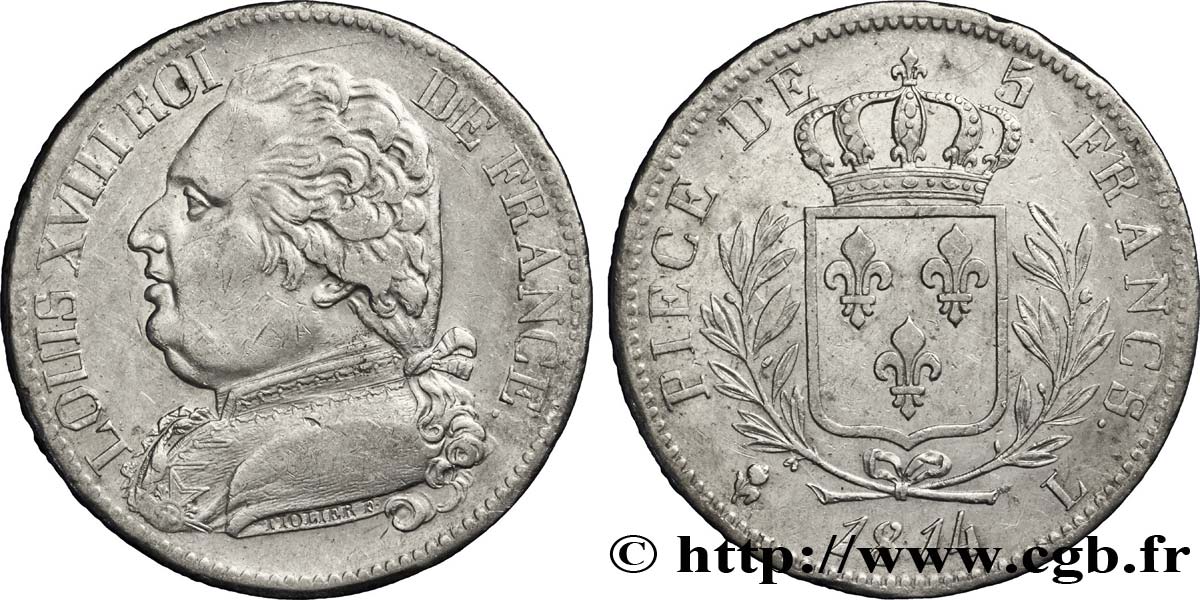 5 francs Louis XVIII, buste habillé 1814 Bayonne F.308/8 MBC45 