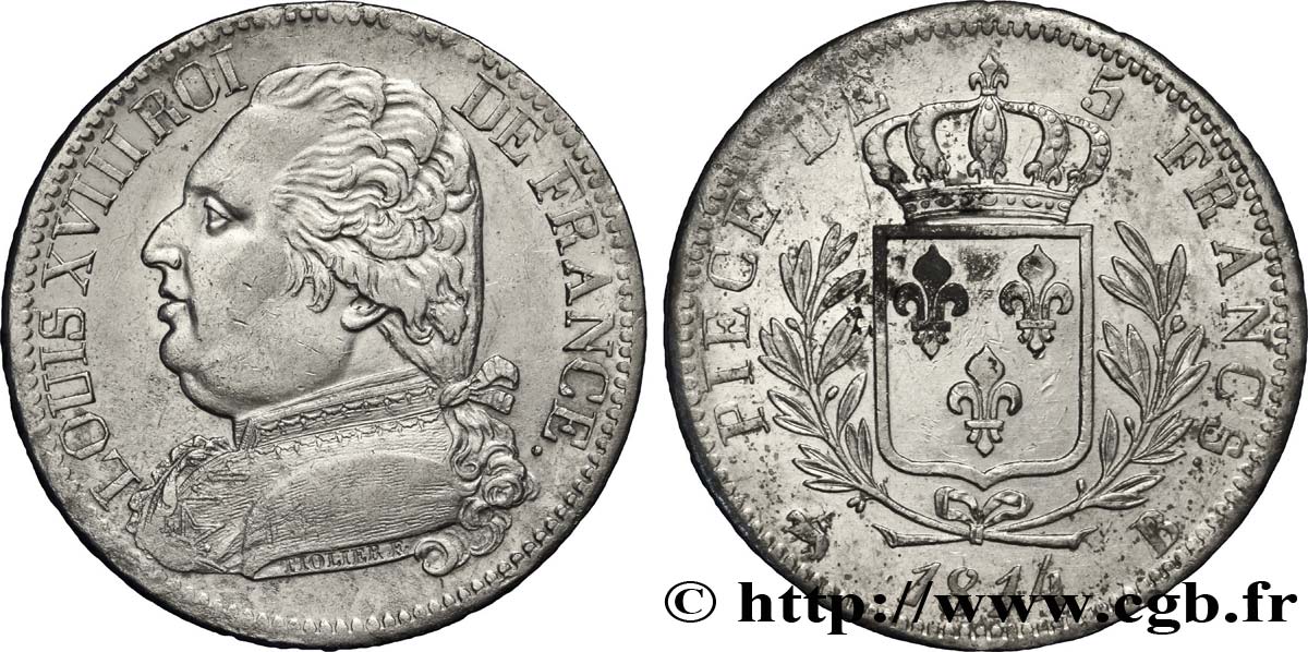 5 francs Louis XVIII, buste habillé 1814 Rouen F.308/2 VZ58 