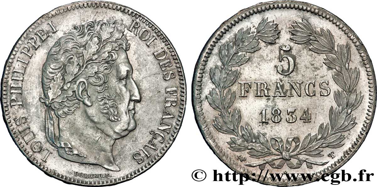5 francs IIe type Domard 1834 Nantes F.324/40 AU54 