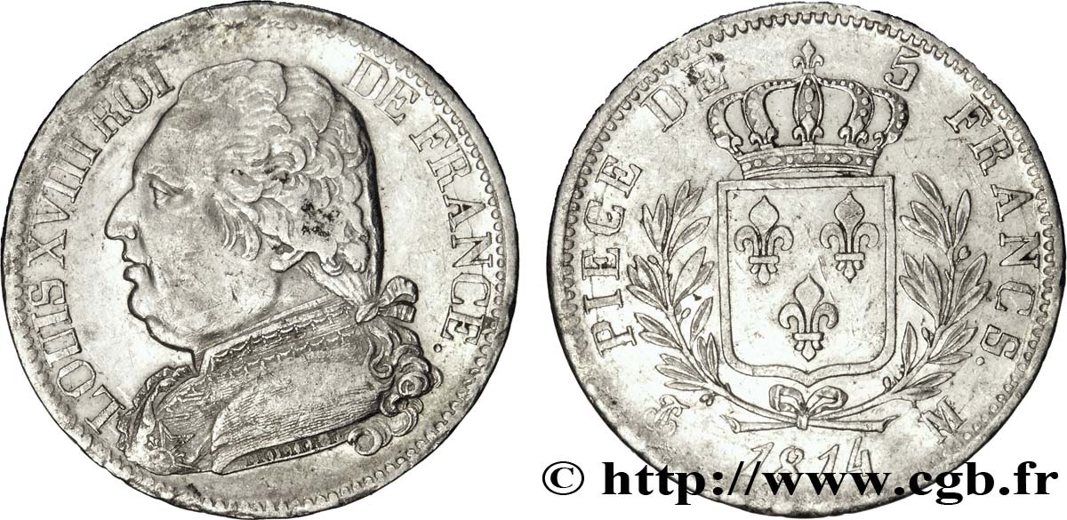 5 francs Louis XVIII, buste habillé 1814 Toulouse F.308/9 SS48 