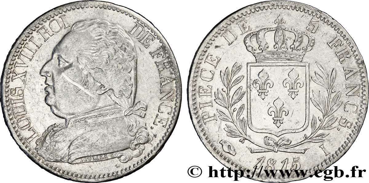 5 francs Louis XVIII, buste habillé 1815 Limoges F.308/21 XF40 