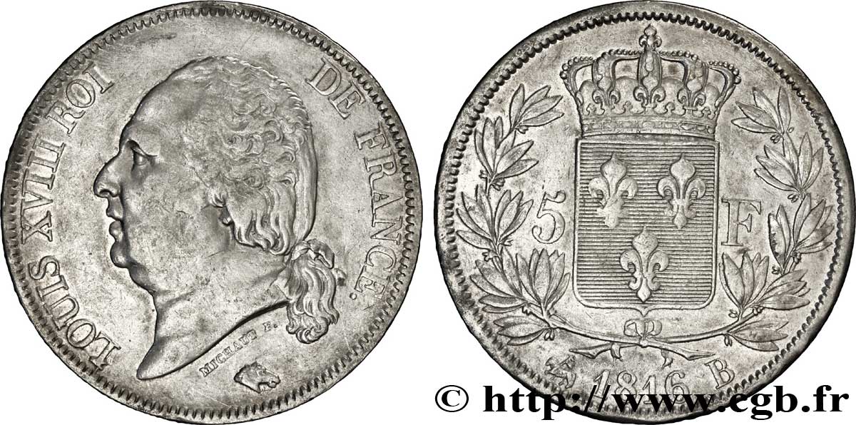 5 francs Louis XVIII, tête nue 1816 Rouen F.309/2 XF42 
