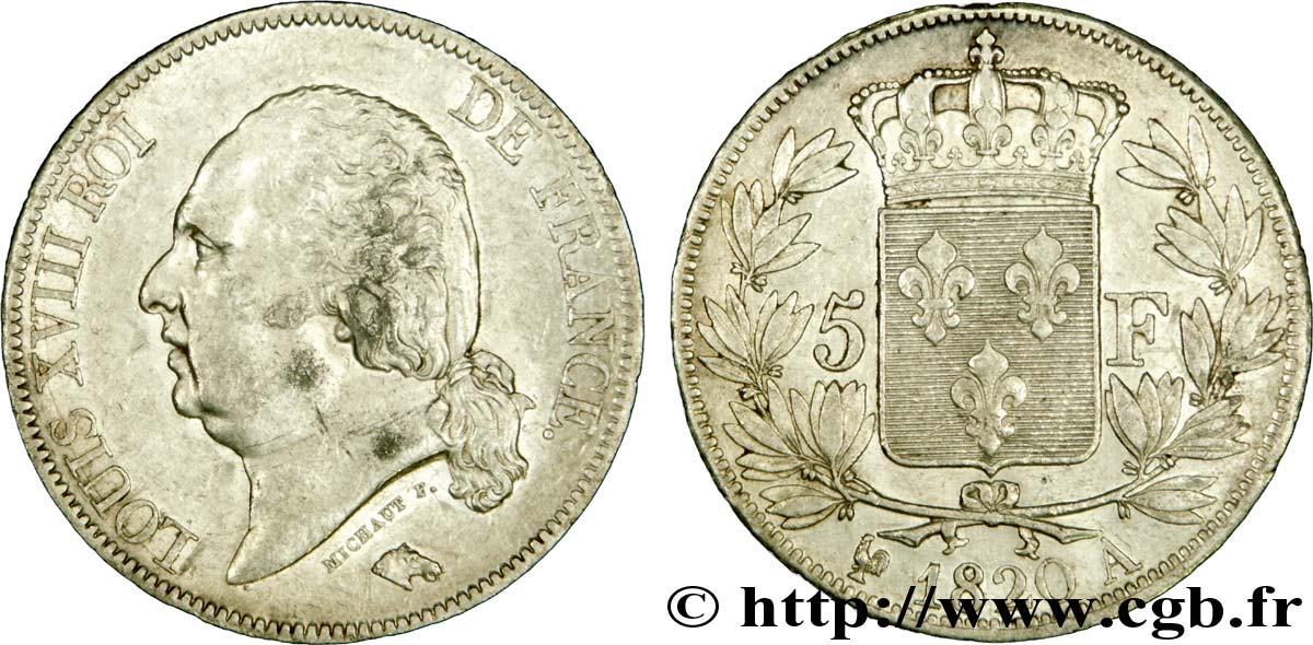 5 francs Louis XVIII, tête nue 1820 Paris F.309/49 AU50 