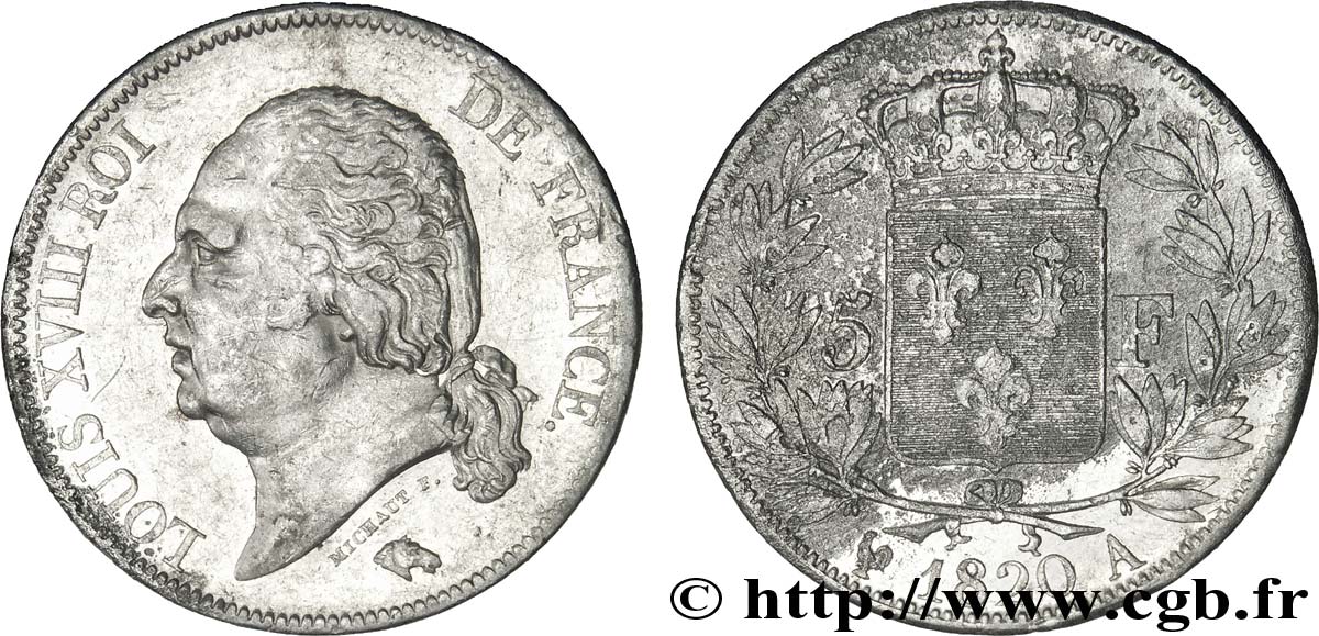 5 francs Louis XVIII, tête nue 1820 Paris F.309/49 BB50 