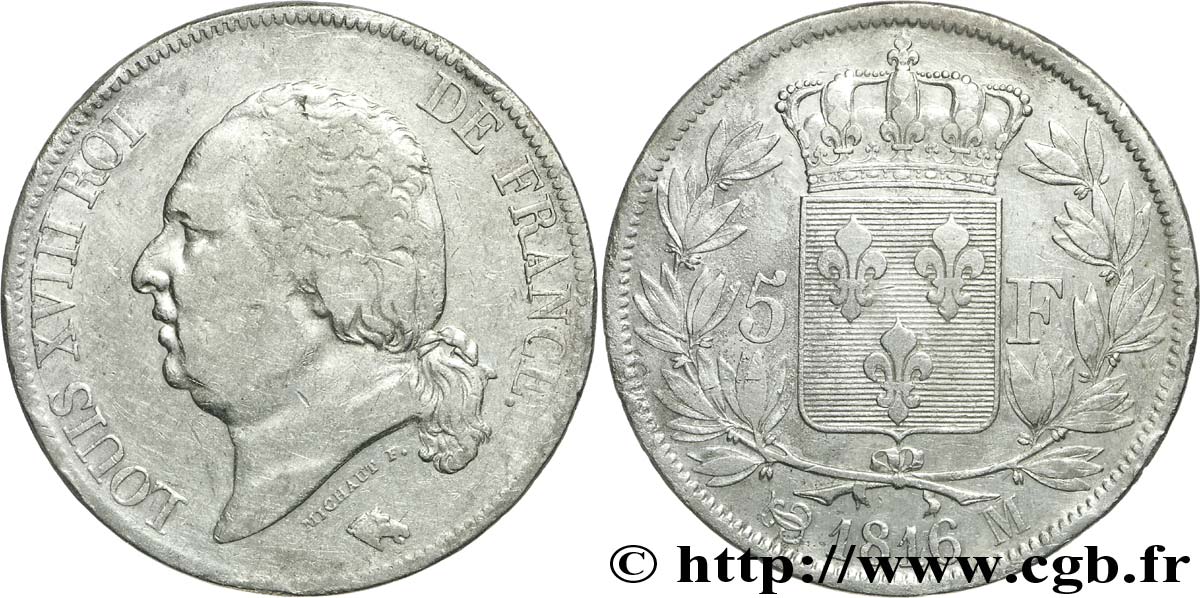 5 francs Louis XVIII, tête nue 1816 Toulouse F.309/9 VF25 