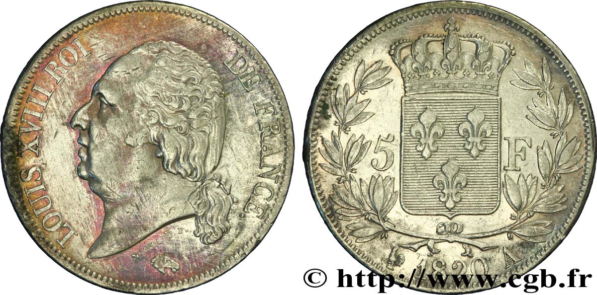 5 francs Louis XVIII, tête nue 1820 Paris F.309/49 MBC45 
