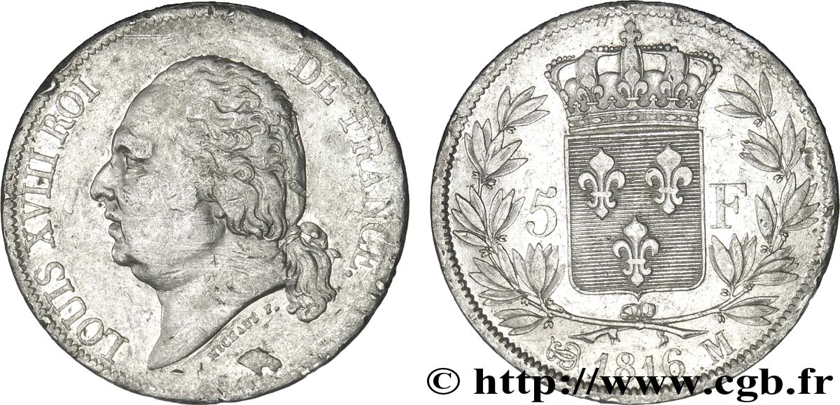 5 francs Louis XVIII, tête nue 1816 Toulouse F.309/9 TTB40 