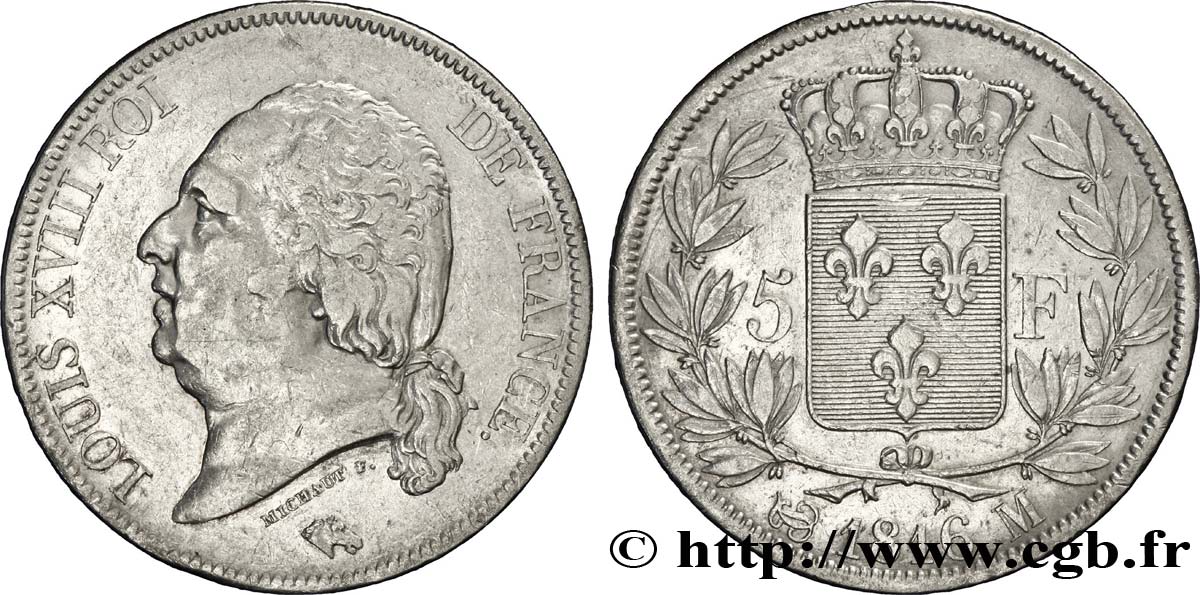 5 francs Louis XVIII, tête nue 1816 Toulouse F.309/9 TB35 