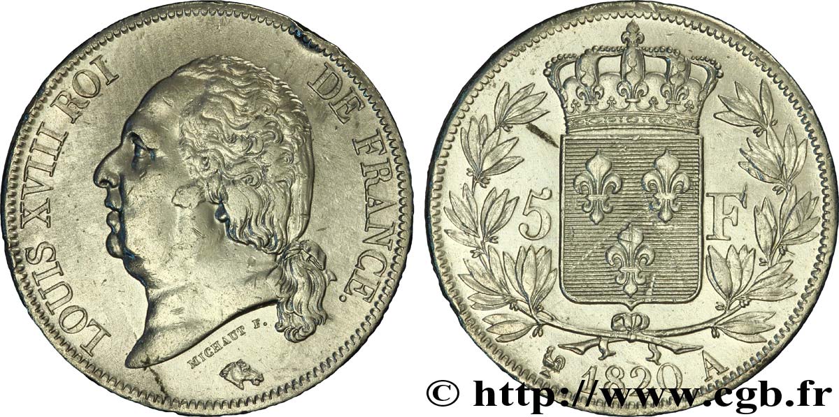 5 francs Louis XVIII, tête nue 1820 Paris F.309/49 XF45 