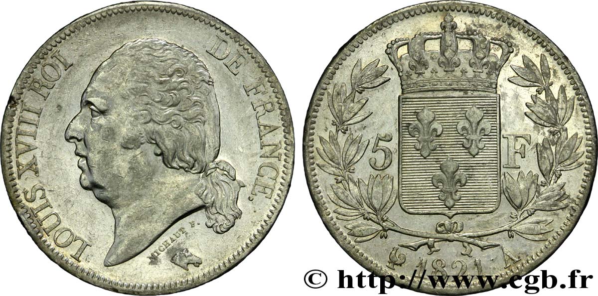 5 francs Louis XVIII, tête nue 1821 Paris F.309/60 TTB45 