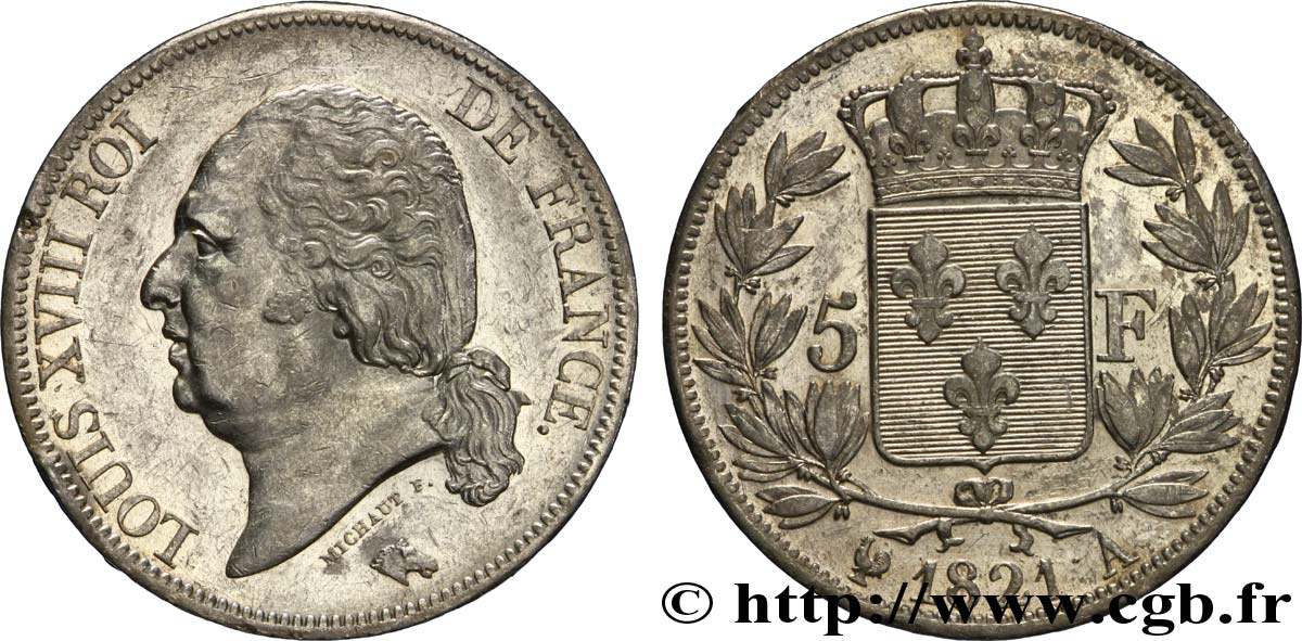 5 francs Louis XVIII, tête nue 1821 Paris F.309/60 TTB50 