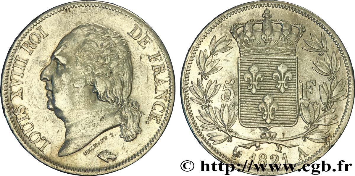 5 francs Louis XVIII, tête nue 1821 Paris F.309/60 MBC45 