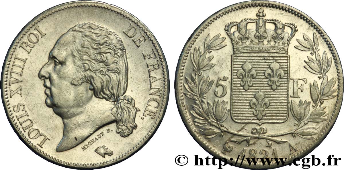 5 francs Louis XVIII, tête nue 1821 Paris F.309/60 XF48 