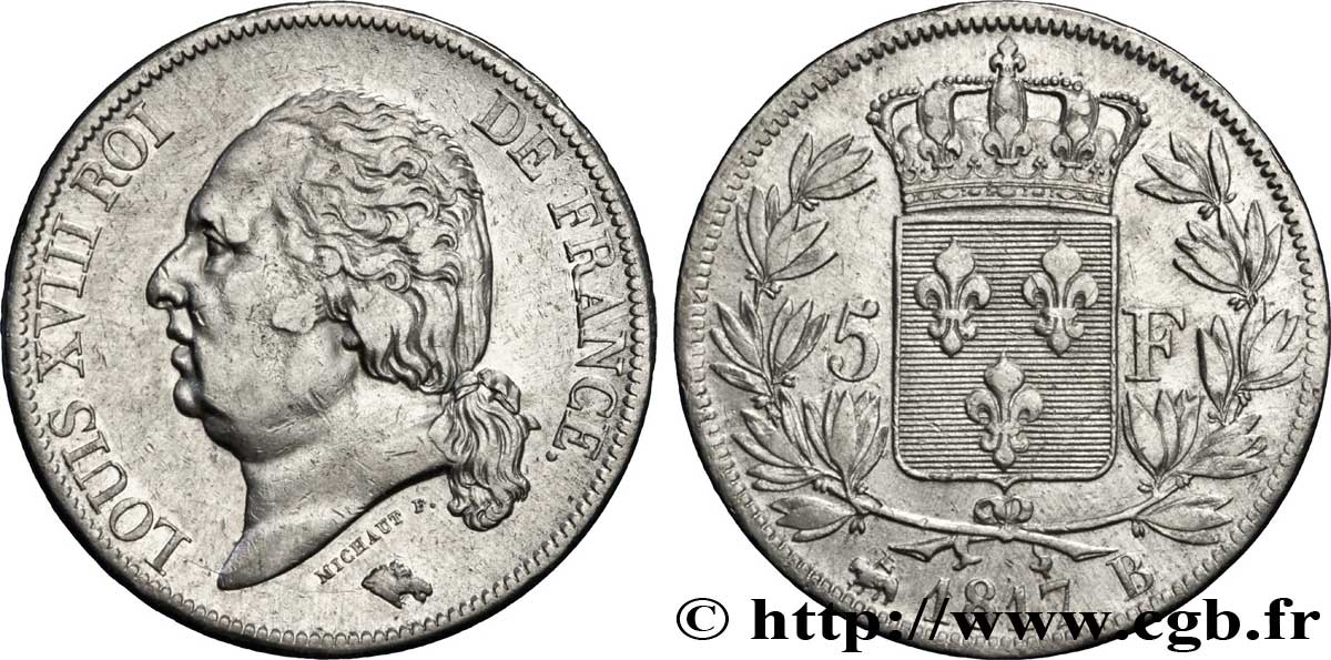 5 francs Louis XVIII, tête nue 1817 Rouen F.309/15 XF40 