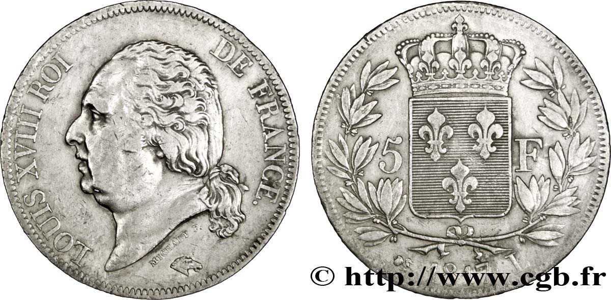 5 francs Louis XVIII, tête nue 1817 Bayonne F.309/22 TTB45 