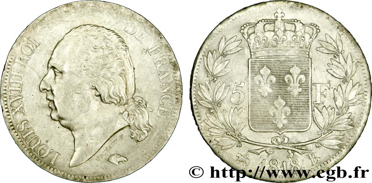 5 francs Louis XVIII, tête nue 1818 Rouen F.309/29 TTB48 