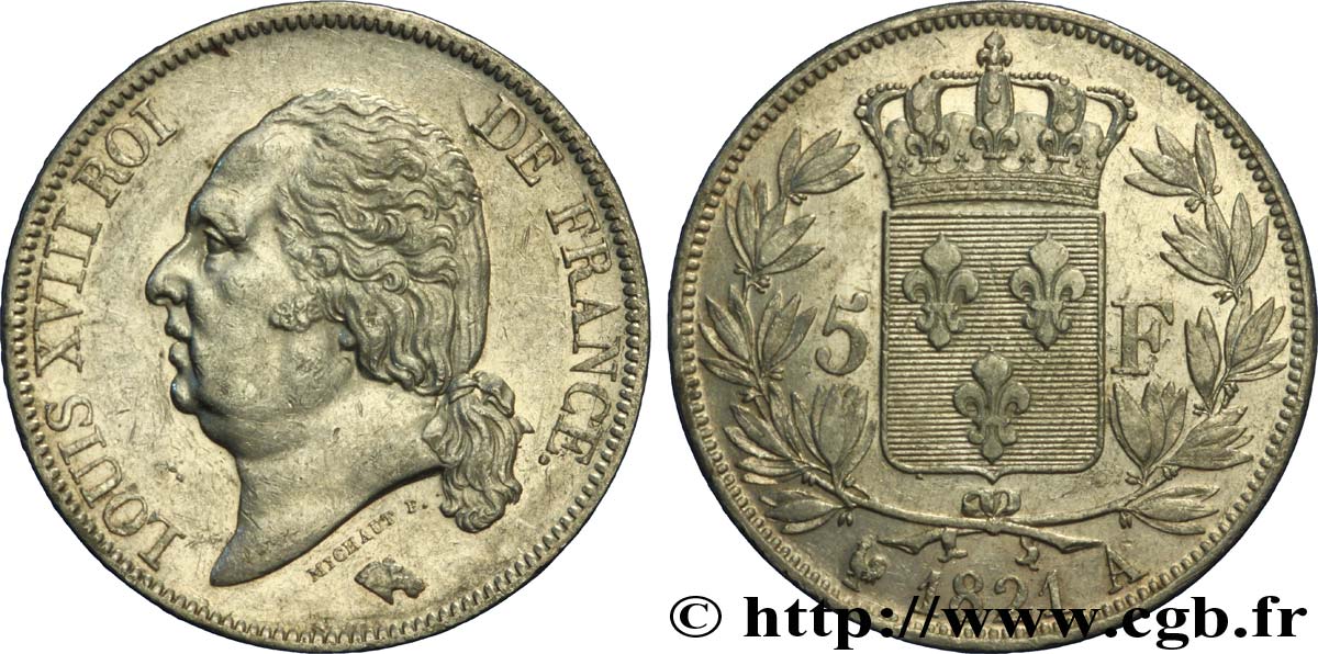 5 francs Louis XVIII, tête nue 1821 Paris F.309/60 SS45 