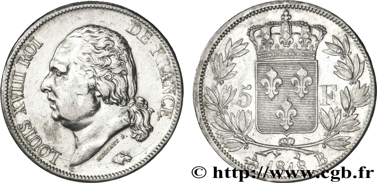 5 francs Louis XVIII, tête nue 1818 Rouen F.309/29 TTB48 