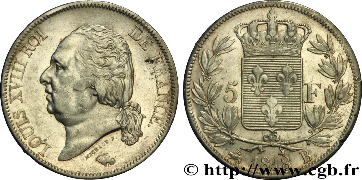 5 francs Louis XVIII, tête nue 1818 Rouen F.309/29 TTB47 