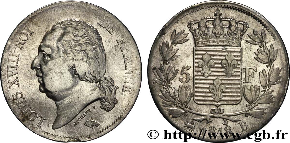 5 francs Louis XVIII, tête nue 1818 Rouen F.309/29 TB35 