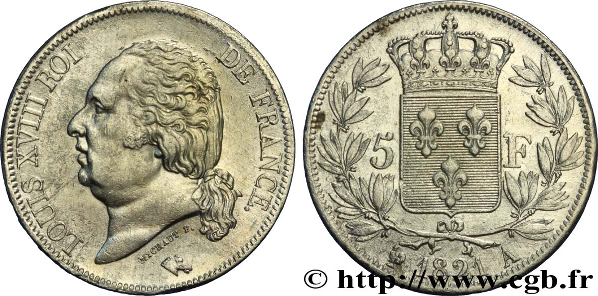 5 francs Louis XVIII, tête nue 1821 Paris F.309/60 MBC48 