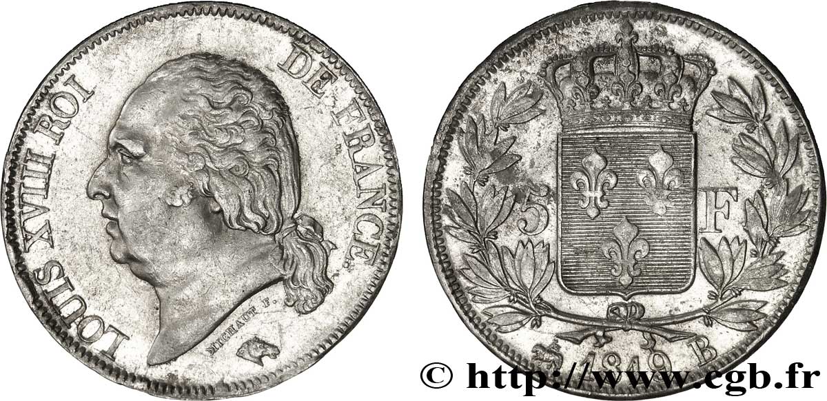 5 francs Louis XVIII, tête nue 1819 Rouen F.309/41 AU50 
