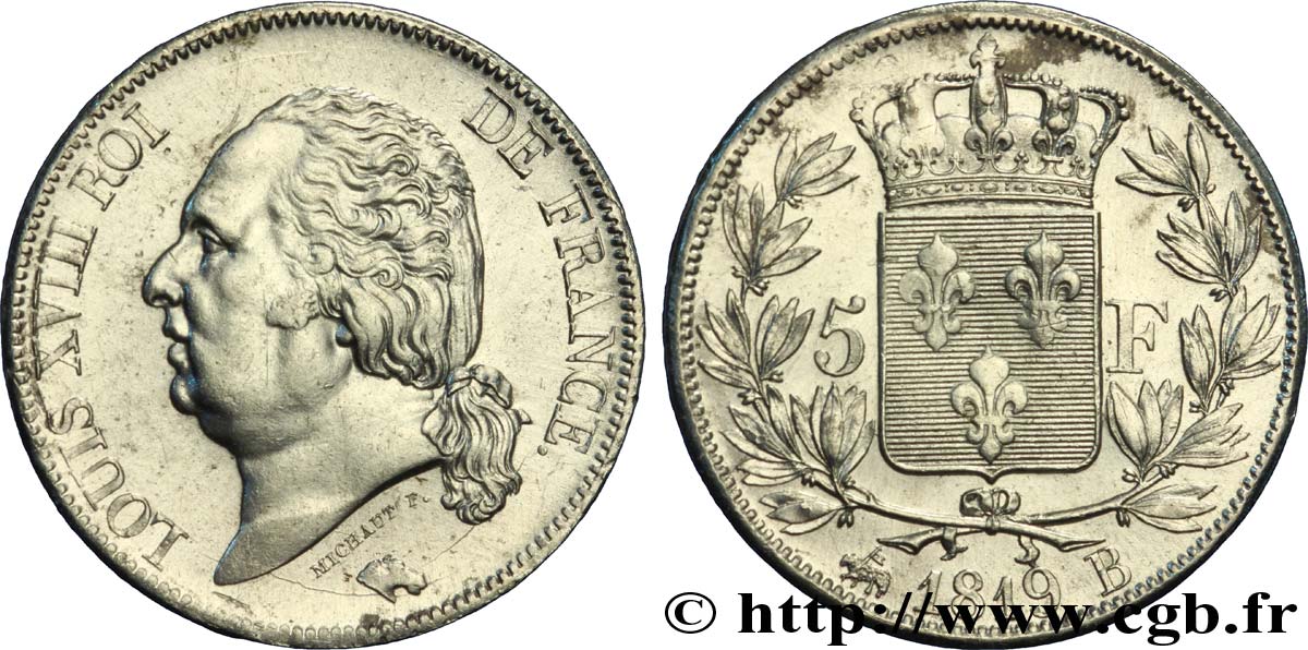 5 francs Louis XVIII, tête nue 1819 Rouen F.309/41 MBC48 