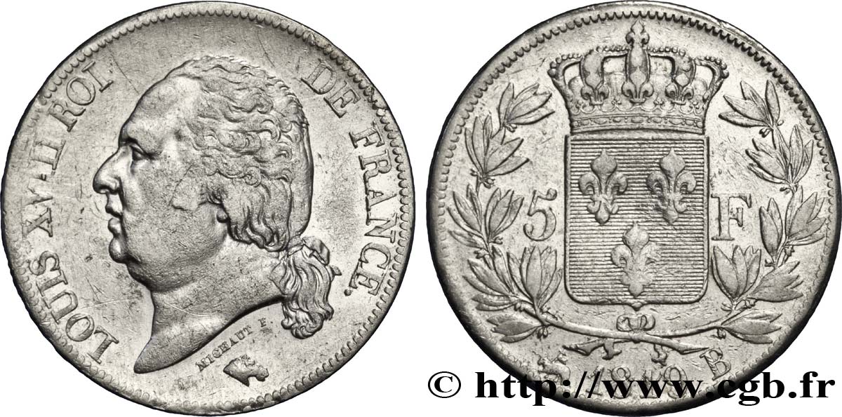 5 francs Louis XVIII, tête nue 1819 Rouen F.309/41 TB35 