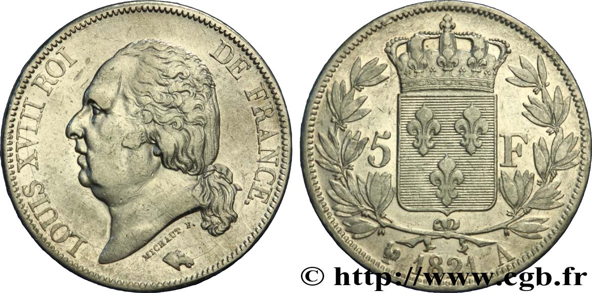 5 francs Louis XVIII, tête nue 1821 Paris F.309/60 TB30 