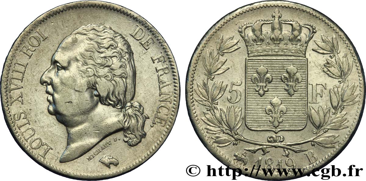 5 francs Louis XVIII, tête nue 1819 Rouen F.309/41 MBC40 