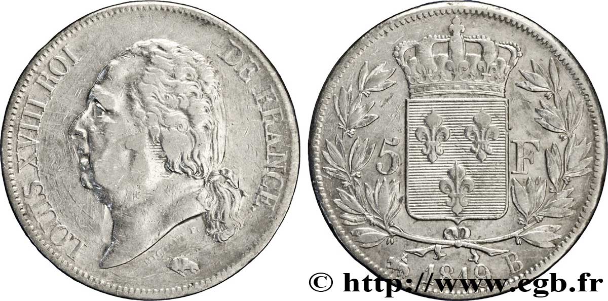 5 francs Louis XVIII, tête nue 1819 Rouen F.309/41 TB30 