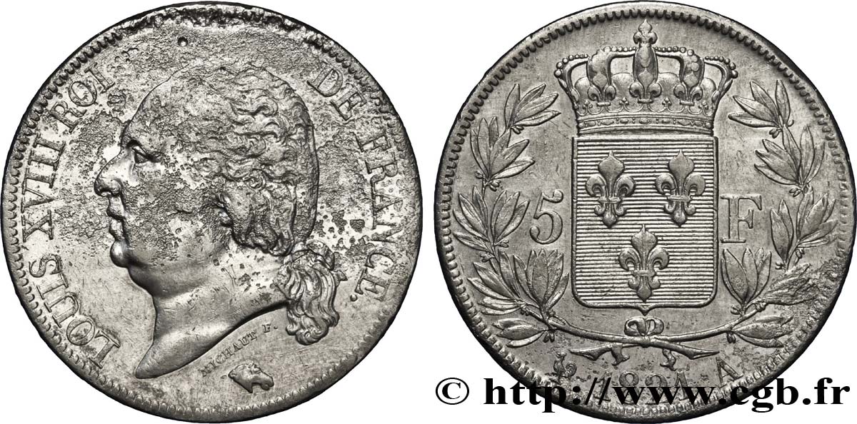 5 francs Louis XVIII, tête nue 1821 Paris F.309/60 TTB 